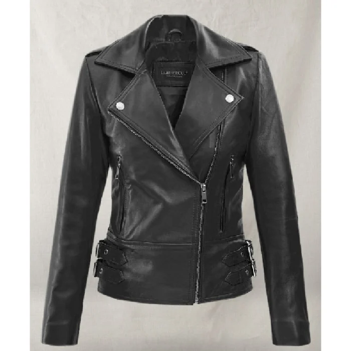 Women'S Black Scarlett Johansson Biker Leather Jacket Front