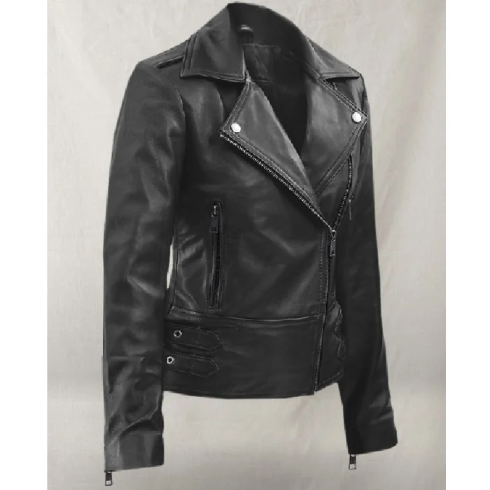 Women'S Black Scarlett Johansson Biker Leather Jacket Side