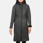 Women's Black Shearling Sheepskin Leather Coat Close up