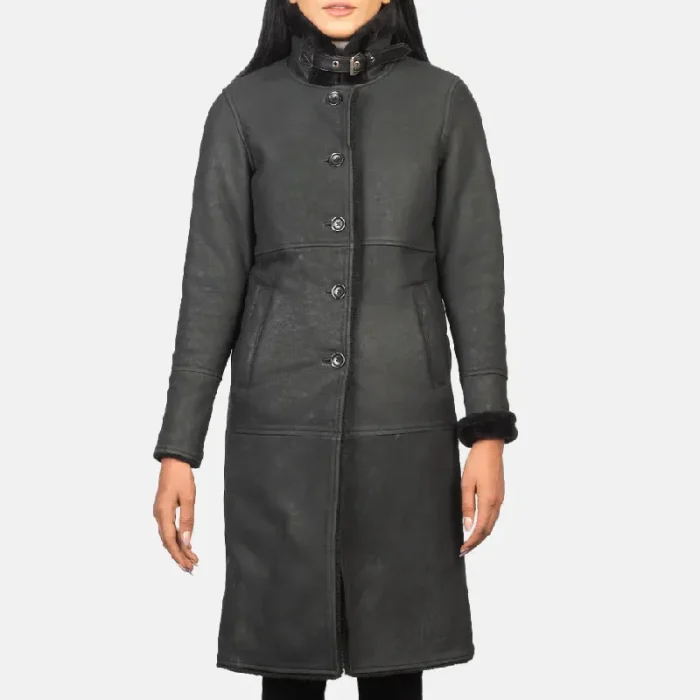 Women'S Black Shearling Sheepskin Leather Coat Close Up
