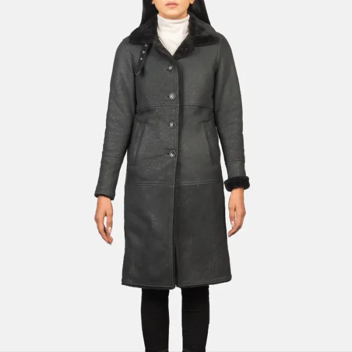 Women'S Black Shearling Sheepskin Leather Coat Front