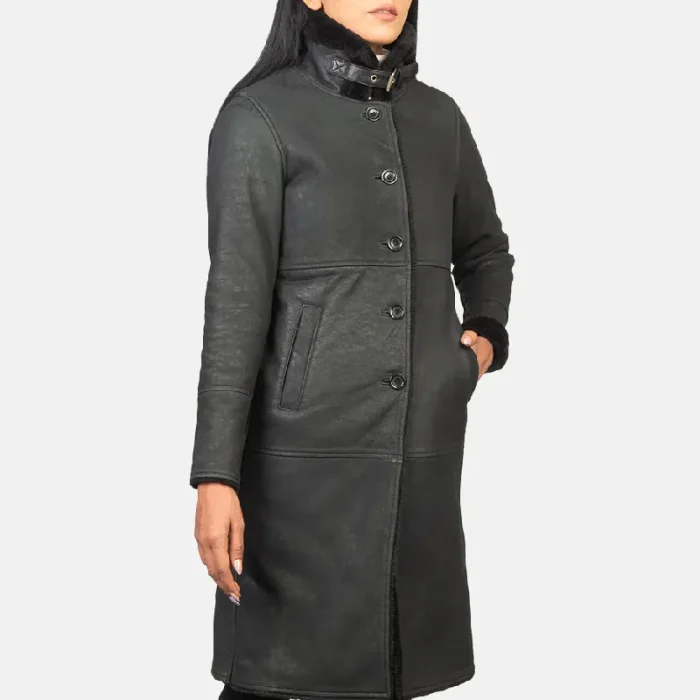 Women'S Black Shearling Sheepskin Leather Coat Snap Up