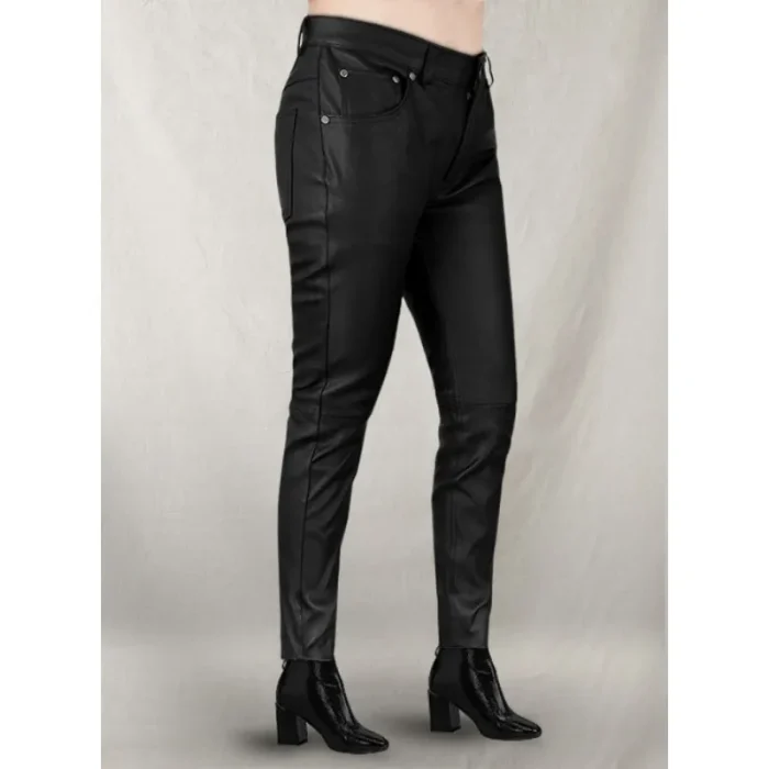 Women'S Black Stretch Leather Jeans Side View