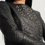 Women's Black Studded Sheepskin Leather Jacket Close Up