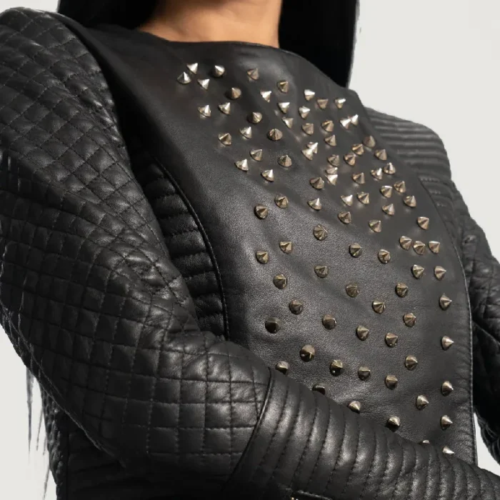 Women'S Black Studded Sheepskin Leather Jacket Close Up