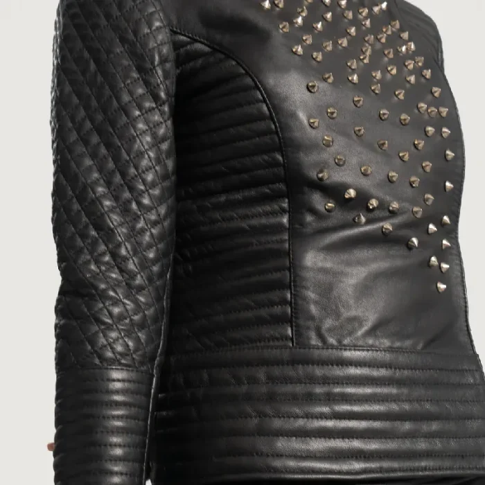 Women'S Black Studded Sheepskin Leather Jacket Close Up