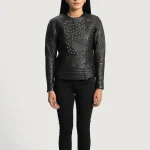 Women's Black Studded Sheepskin Leather Jacket Front
