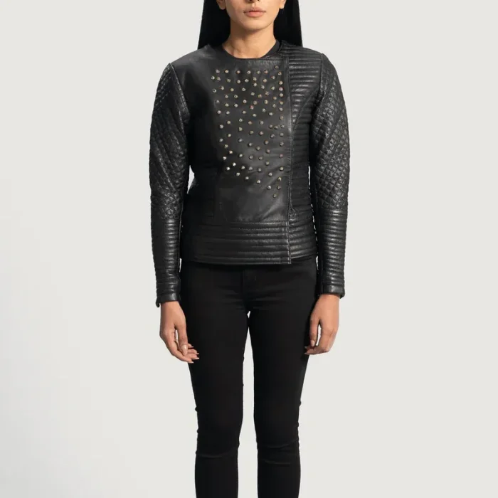 Women'S Black Studded Sheepskin Leather Jacket Front
