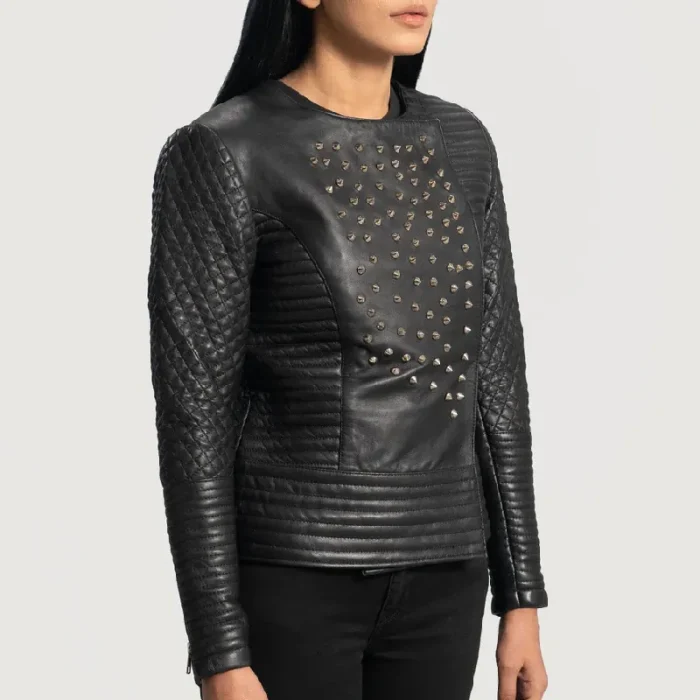 Women'S Black Studded Sheepskin Leather Jacket Side