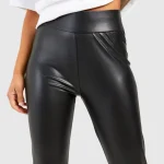 Women's Black Super Stretch Waist-Shaping Leather Leggings Close Up