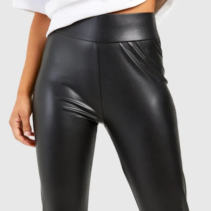 Women'S Black Super Stretch Waist-Shaping Leather Leggings Close Up