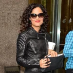 Women's Black Tessa Thompson Leather Moto Jacket Zip-Up