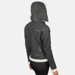 Womens-Black-Zipper-Hooded-Shearling-Leather-Jacket Back