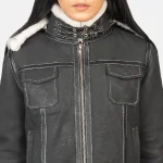 Womens-Black-Zipper-Hooded-Shearling-Leather-Jacket Close