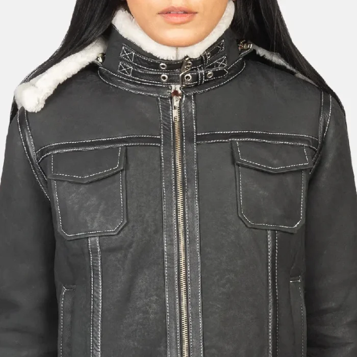 Womens-Black-Zipper-Hooded-Shearling-Leather-Jacket Close