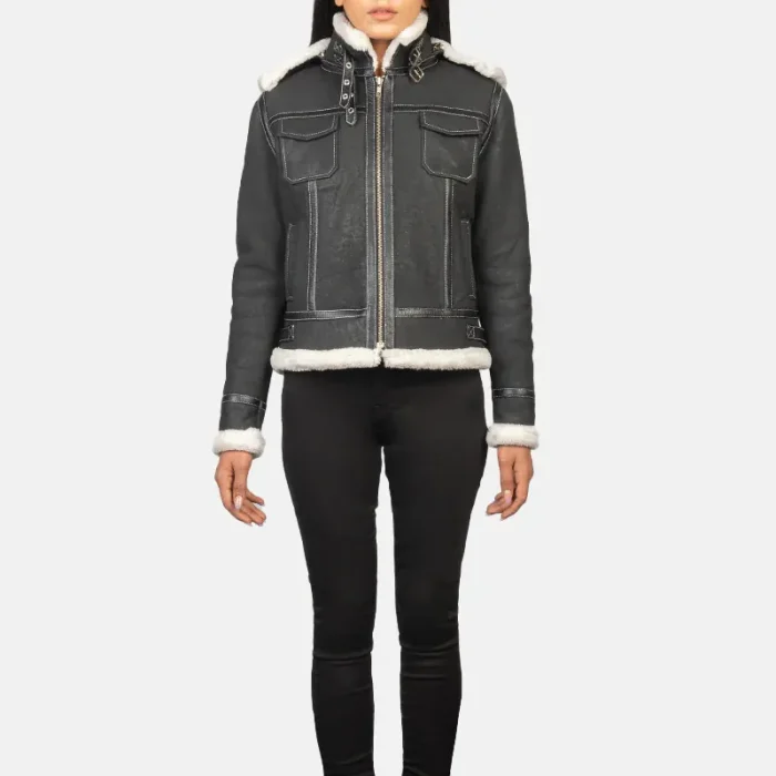 Women'S-Black-Zipper-Hooded-Shearling-Leather-Jacket-Front