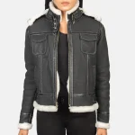 Women's Black Zipper Hooded Shearling Leather Jacket