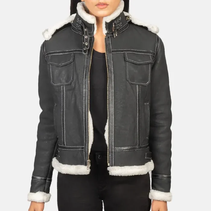 Women'S Black Zipper Hooded Shearling Leather Jacket