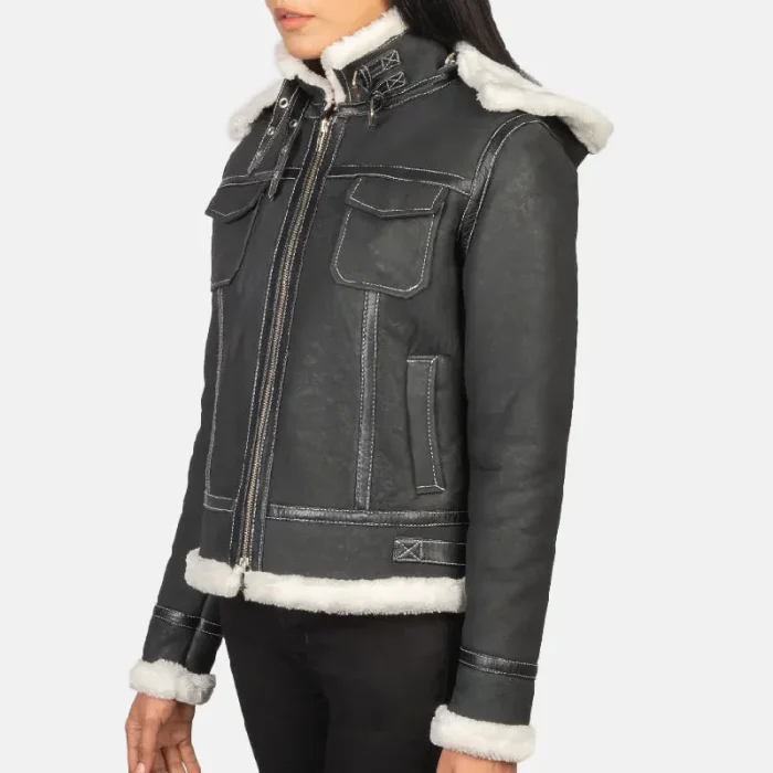 Womens-Black-Zipper-Hooded-Shearling-Leather-Jacket-Side