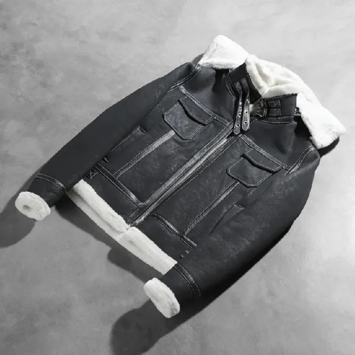 Black Zipper Hooded Shearling Leather Jacket - Image 9