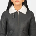 Women's Black/White Leather B-3 Bomber Jacket Close Up