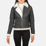 Women's Black/White Leather B-3 Bomber Jacket Open View