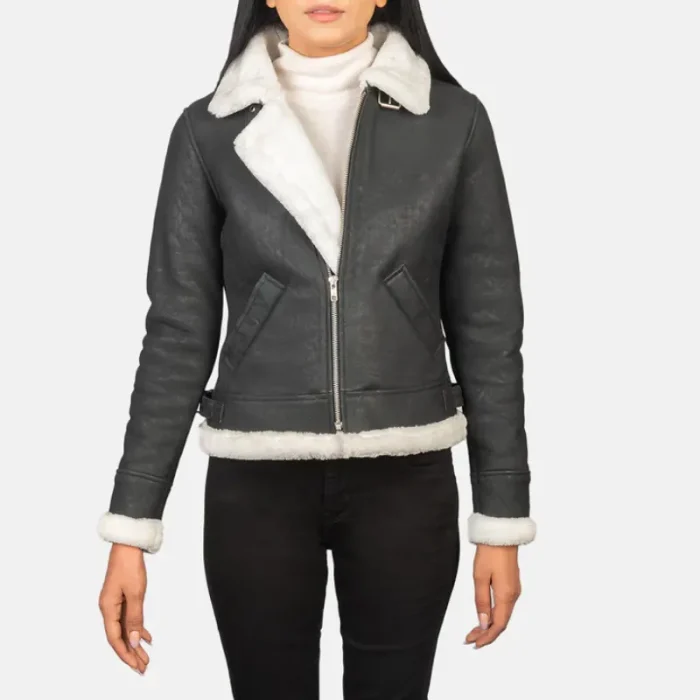 Women'S Black/White Leather B-3 Bomber Jacket Open View