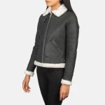 Women's Black/White Leather B-3 Bomber Jacket Side