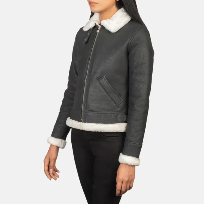 Women'S Black/White Leather B-3 Bomber Jacket Side