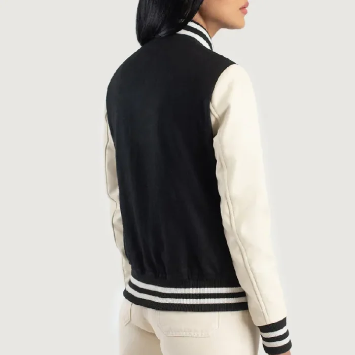 Women'S Black/White Sheepskin Leather Hybrid Varsity Jacket Back