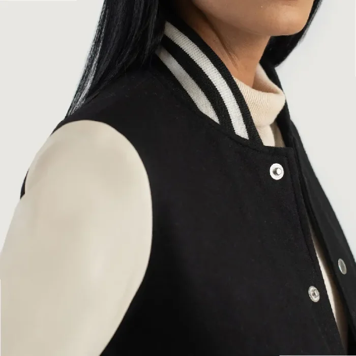 Women'S Black/White Sheepskin Leather Hybrid Varsity Jacket Close