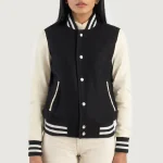 Women's Black/White Sheepskin Leather Hybrid Varsity Jacket Snap Up