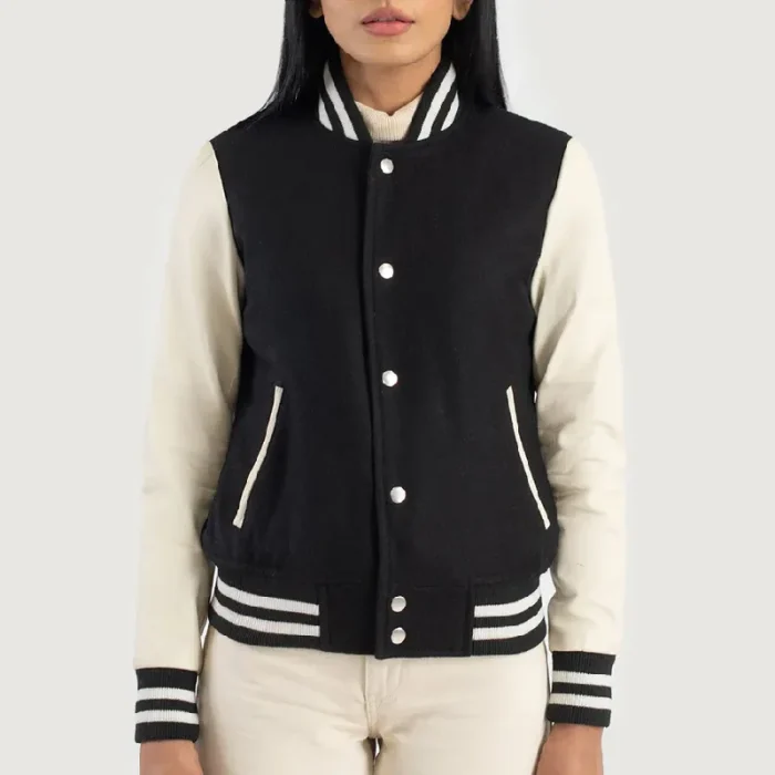Women'S Black/White Sheepskin Leather Hybrid Varsity Jacket Snap Up