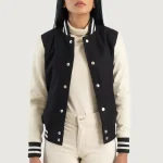 Women's Black/White Sheepskin Leather Hybrid Varsity Jacket