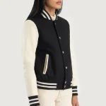 Women's Black/White Sheepskin Leather Hybrid Varsity Jacket Side