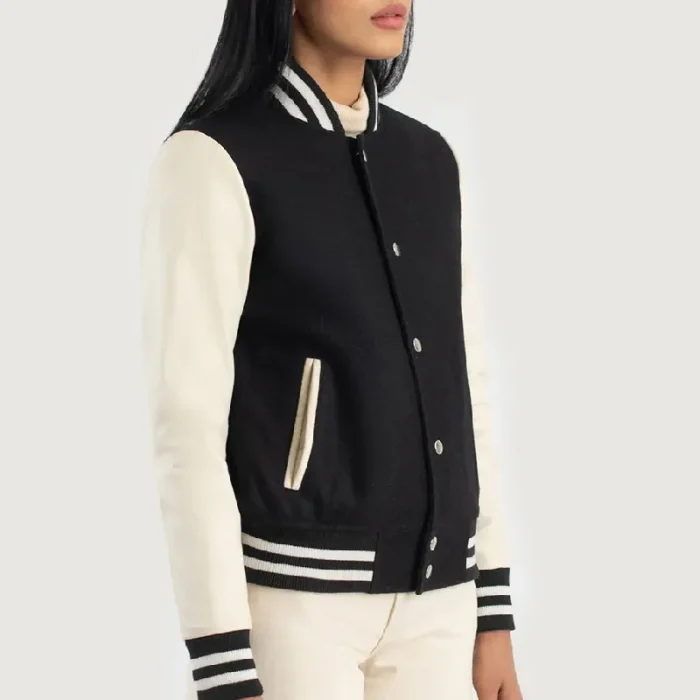 Women'S Black/White Sheepskin Leather Hybrid Varsity Jacket Side