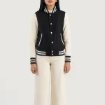 Women's Black/White Sheepskin Leather Hybrid Varsity Jacket Front