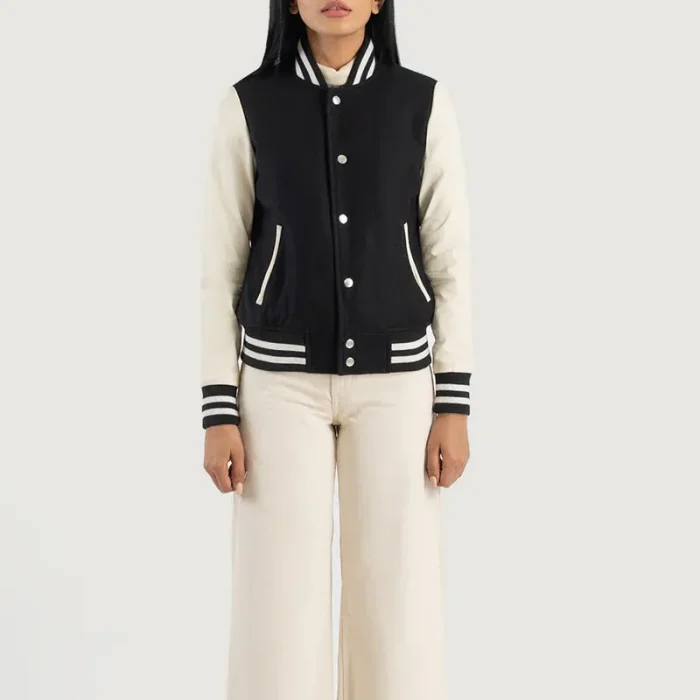 Women'S Black/White Sheepskin Leather Hybrid Varsity Jacket Front
