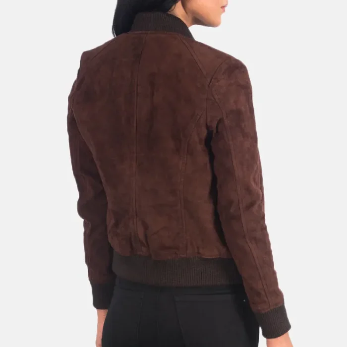 Women'S Bliss Brown Suede Bomber Leather Jacket With Zip-Up Closure Back
