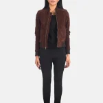 Women's Bliss Brown Suede Bomber Leather Jacket with Zip-Up Closure Front
