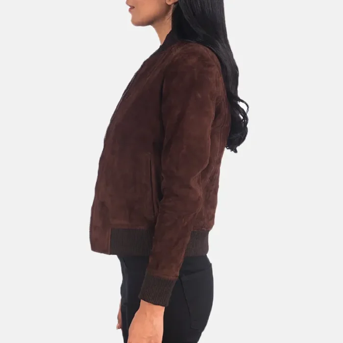 Women'S Bliss Brown Suede Bomber Leather Jacket With Zip-Up Closure Side