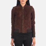 Women's Bliss Brown Suede Bomber Leather Jacket with Zip-Up Closure