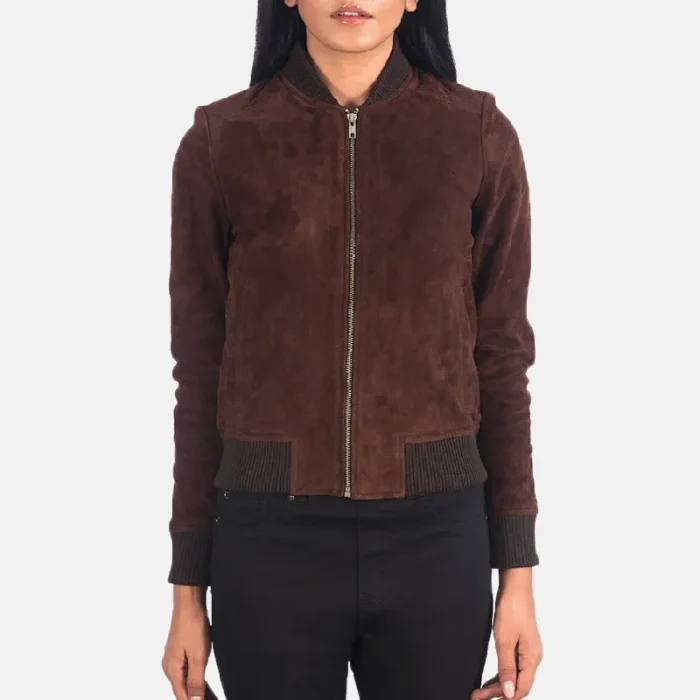 Women'S Bliss Brown Suede Bomber Leather Jacket With Zip-Up Closure