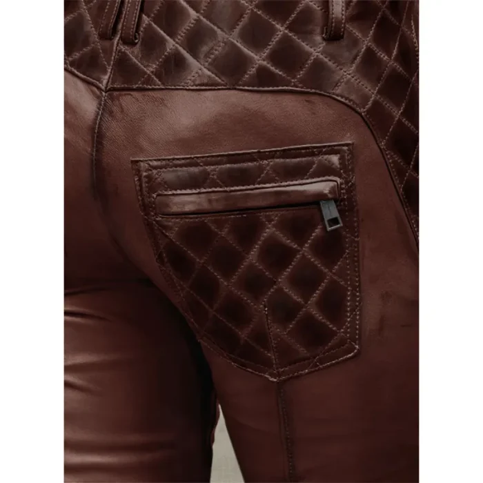 Women'S Brown Carrier Burnt Maroon Leather Zipper Pants Back Pocket View