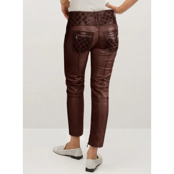 Women'S Brown Carrier Burnt Maroon Leather Zipper Pants Back View