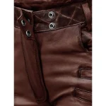 Women's Brown Carrier Burnt Maroon Leather Zipper Pants Front Button-Up View