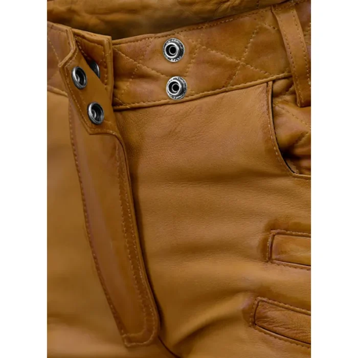 Women'S Brown Carrier Burnt Mustard Leather Pants Front Button-Up View
