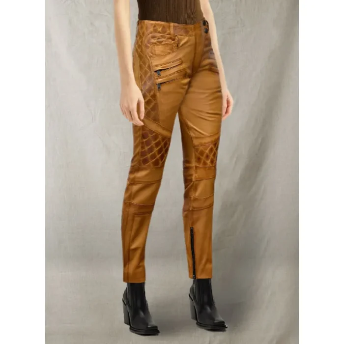 Women'S Brown Carrier Burnt Mustard Leather Pants Side View