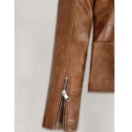 Women's Brown Kylie Jenner Biker Leather Jacket Close