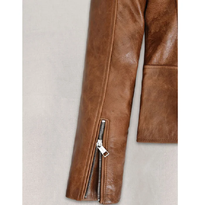 Women'S Brown Kylie Jenner Biker Leather Jacket Close